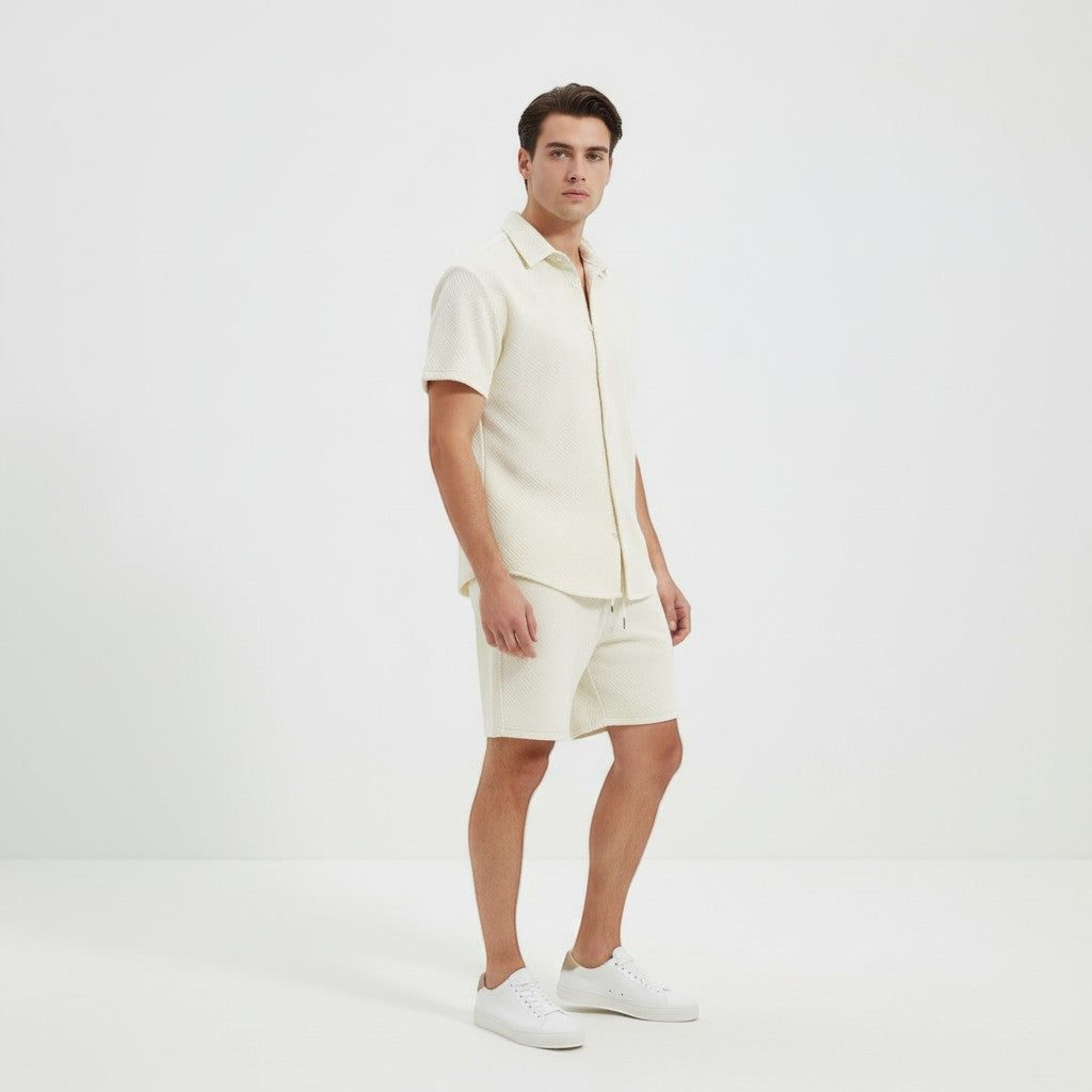 Men’s Textured Short Sleeve Button-Up Shirt and Shorts Set-Bon Voyage Vintage