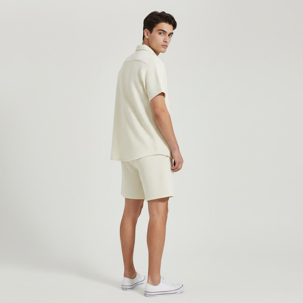 Men’s Textured Short Sleeve Button-Up Shirt and Shorts Set-Bon Voyage Vintage