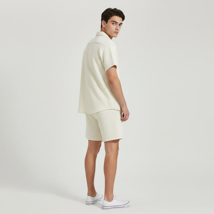 Men’s Textured Short Sleeve Button-Up Shirt and Shorts Set-Bon Voyage Vintage