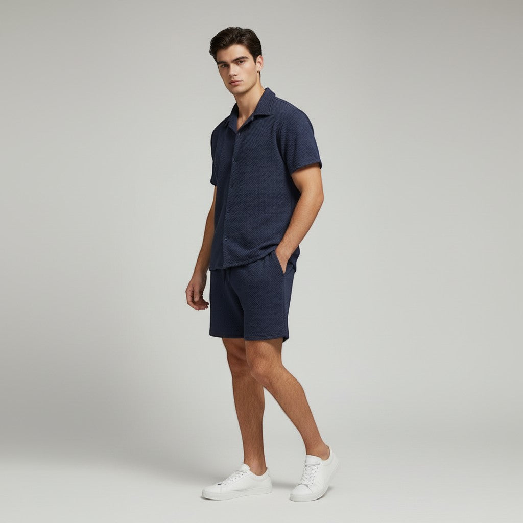 Men’s Textured Short Sleeve Button-Up Shirt and Shorts Set-Bon Voyage Vintage