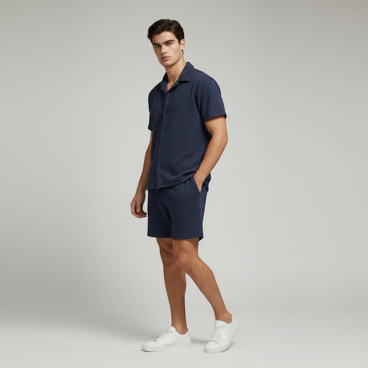 Men’s Textured Short Sleeve Button-Up Shirt and Shorts Set-Bon Voyage Vintage
