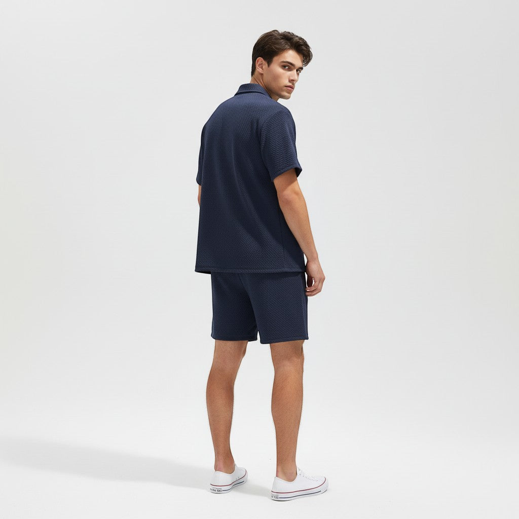 Men’s Textured Short Sleeve Button-Up Shirt and Shorts Set-Bon Voyage Vintage