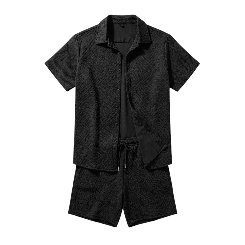 Men’s Textured Short Sleeve Button-Up Shirt and Shorts Set-Bon Voyage Vintage