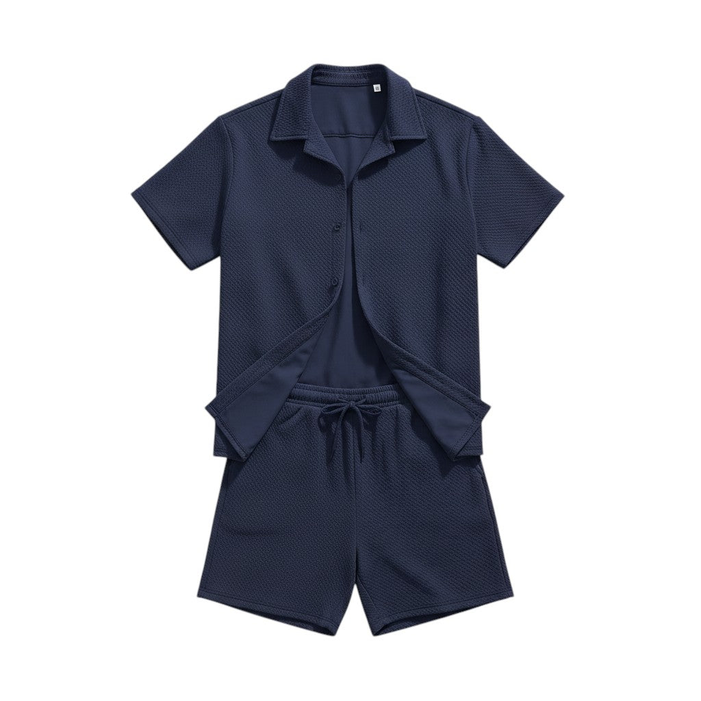 Men’s Textured Short Sleeve Button-Up Shirt and Shorts Set-Bon Voyage Vintage