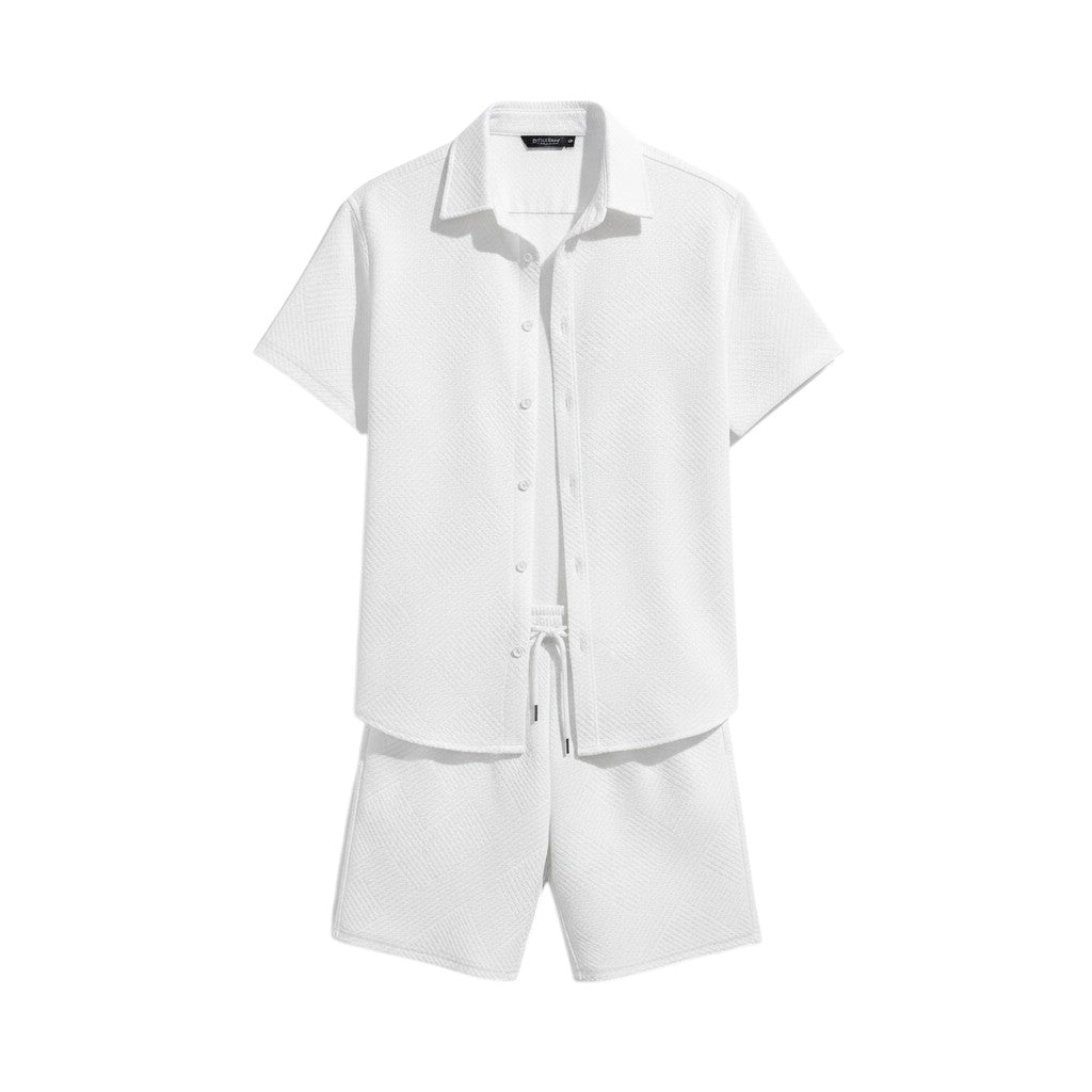 Men’s Textured Short Sleeve Button-Up Shirt and Shorts Set-Bon Voyage Vintage