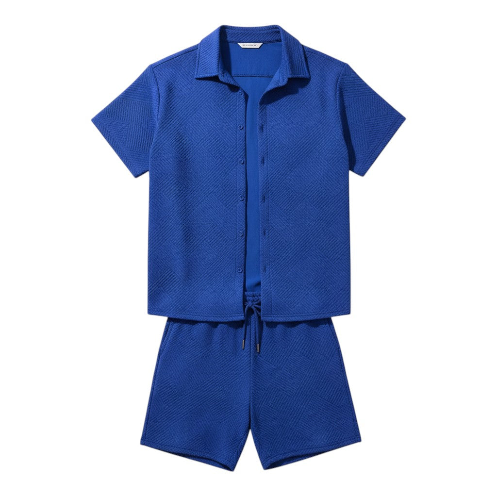 Men’s Textured Short Sleeve Button-Up Shirt and Shorts Set-Bon Voyage Vintage