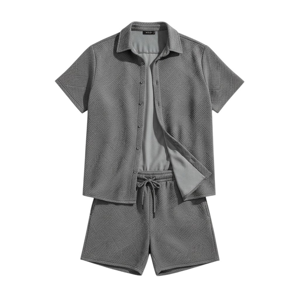 Men’s Textured Short Sleeve Button-Up Shirt and Shorts Set-Bon Voyage Vintage