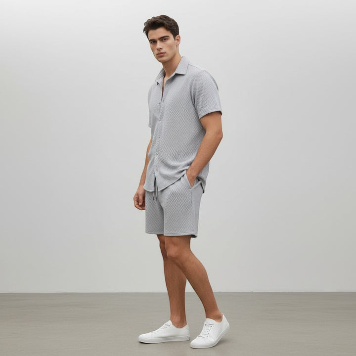 Men’s Textured Short Sleeve Button-Up Shirt and Shorts Set-Bon Voyage Vintage
