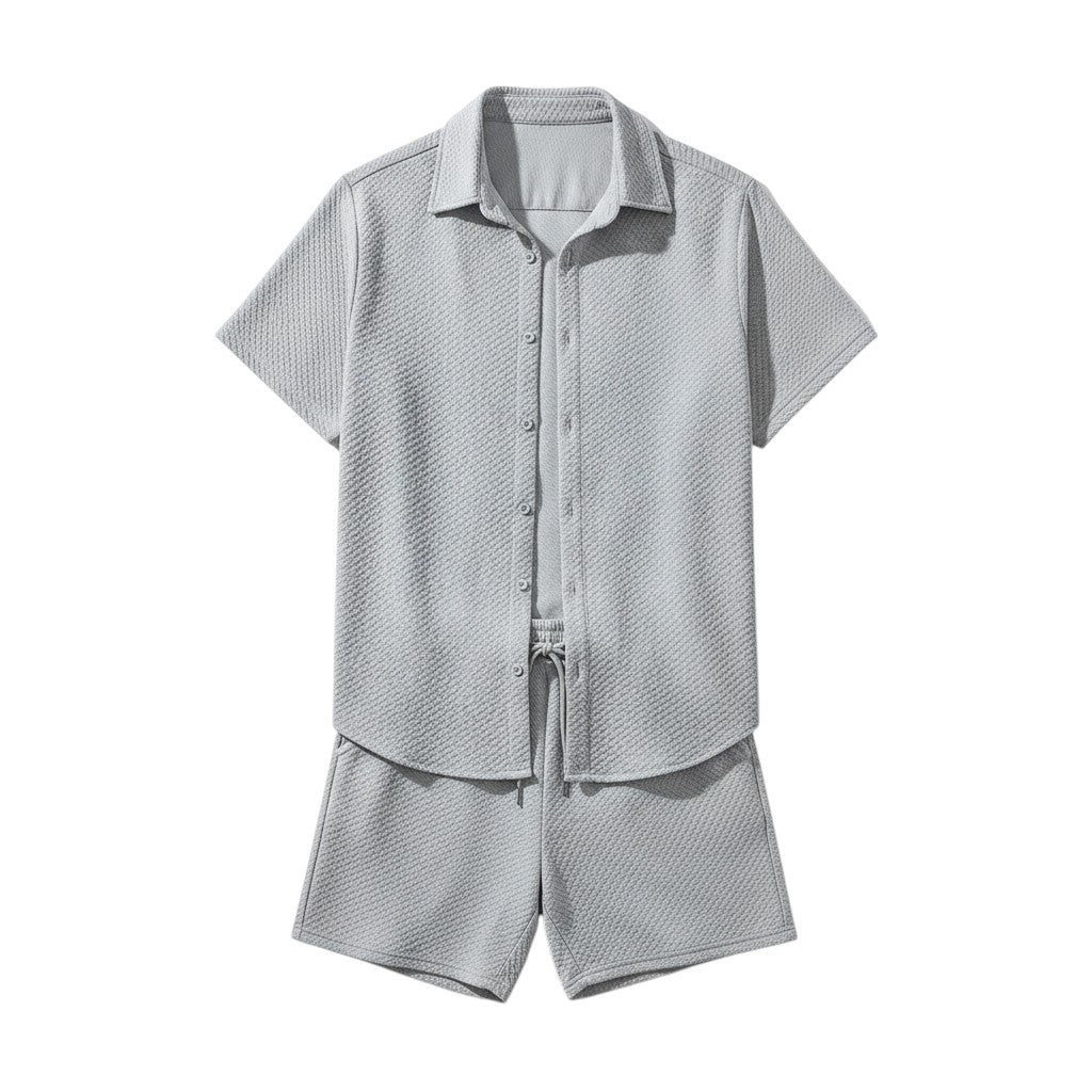 Men’s Textured Short Sleeve Button-Up Shirt and Shorts Set-Bon Voyage Vintage