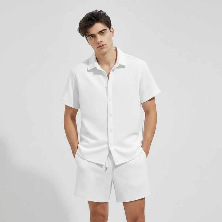 Men’s Textured Short Sleeve Button-Up Shirt and Shorts Set-Bon Voyage Vintage