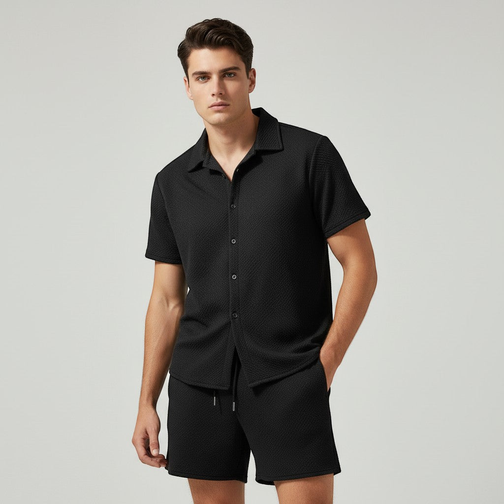 Men’s Textured Short Sleeve Button-Up Shirt and Shorts Set-Bon Voyage Vintage