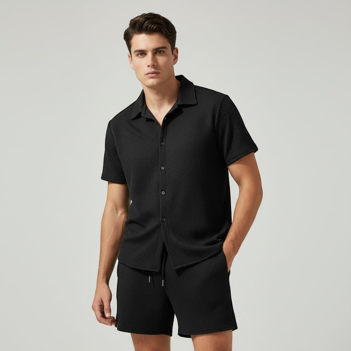Men’s Textured Short Sleeve Button-Up Shirt and Shorts Set-Bon Voyage Vintage