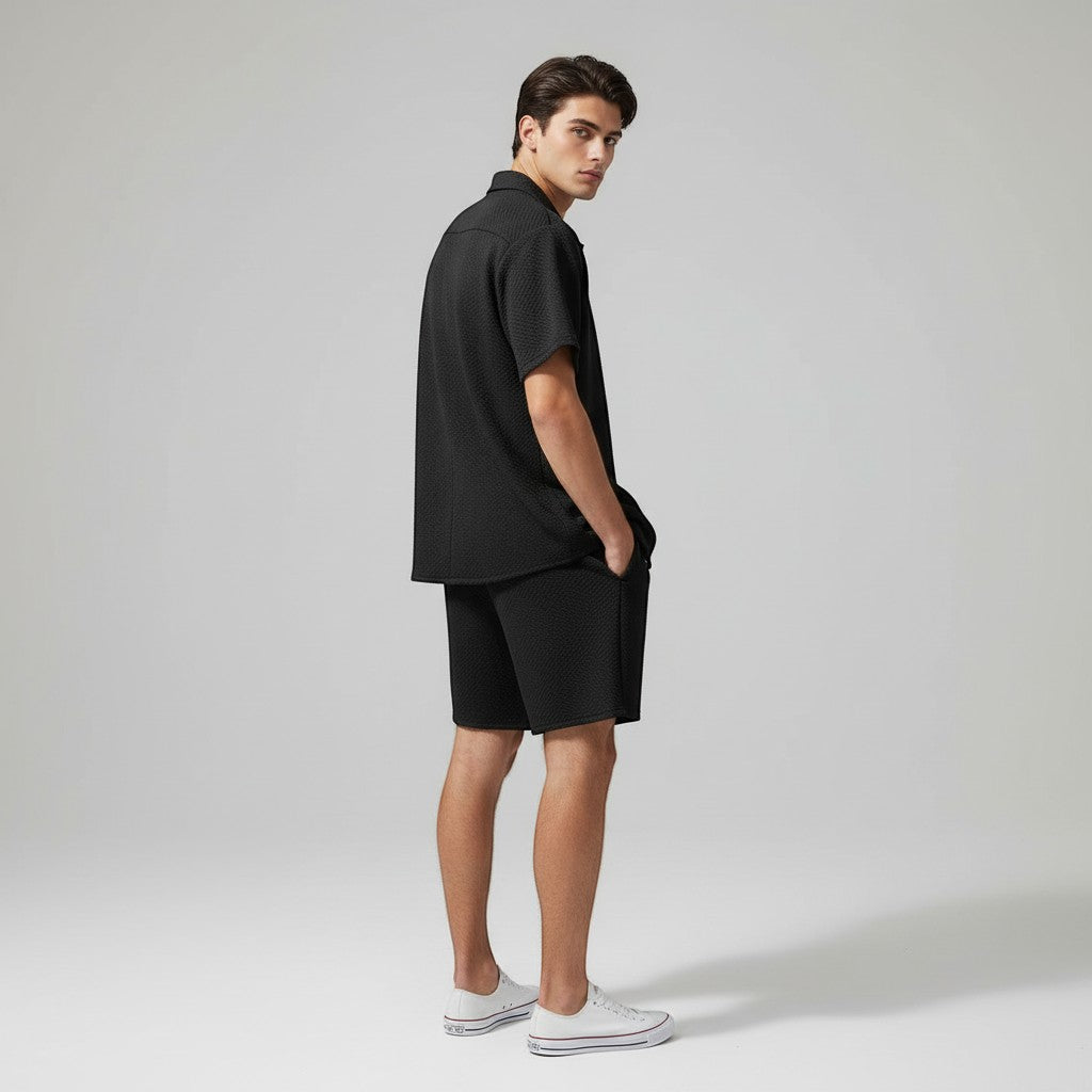 Men’s Textured Short Sleeve Button-Up Shirt and Shorts Set-Bon Voyage Vintage