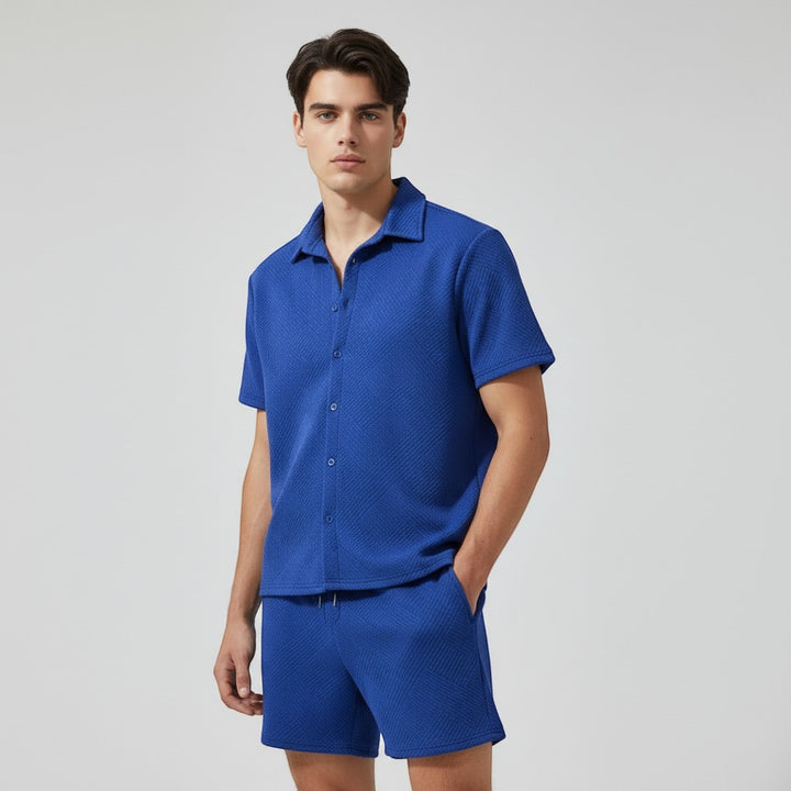 Men’s Textured Short Sleeve Button-Up Shirt and Shorts Set-Bon Voyage Vintage