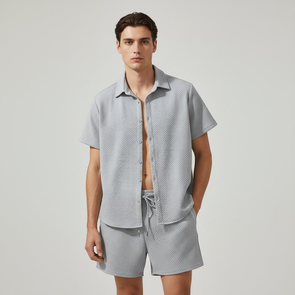 Men’s Textured Short Sleeve Button-Up Shirt and Shorts Set-Bon Voyage Vintage