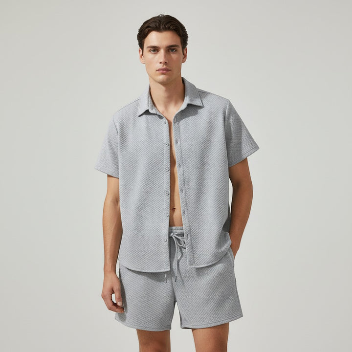 Men’s Textured Short Sleeve Button-Up Shirt and Shorts Set-Bon Voyage Vintage