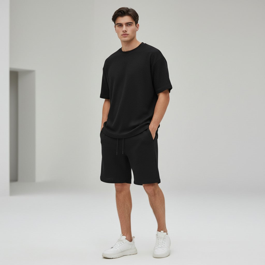 Men’s Textured Short Sleeve Shirt and Shorts Set-Bon Voyage Vintage
