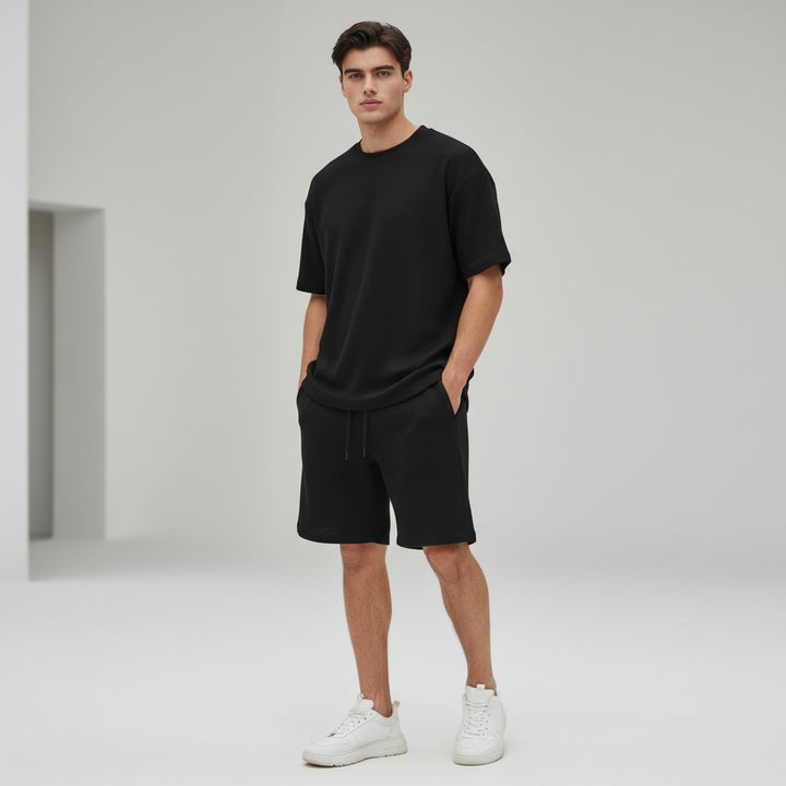 Men’s Textured Short Sleeve Shirt and Shorts Set-Bon Voyage Vintage