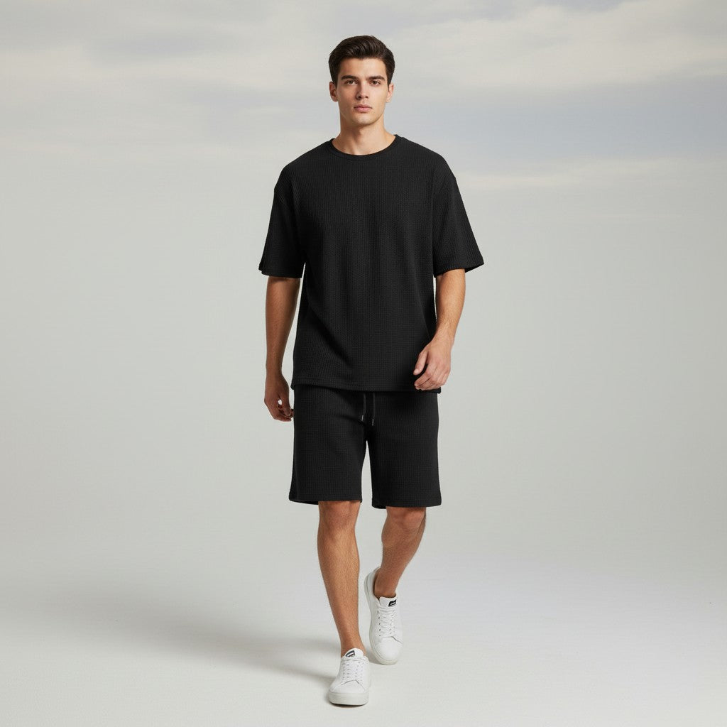 Men’s Textured Short Sleeve Shirt and Shorts Set-Bon Voyage Vintage