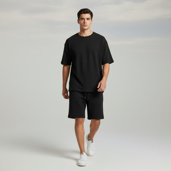Men’s Textured Short Sleeve Shirt and Shorts Set-Bon Voyage Vintage