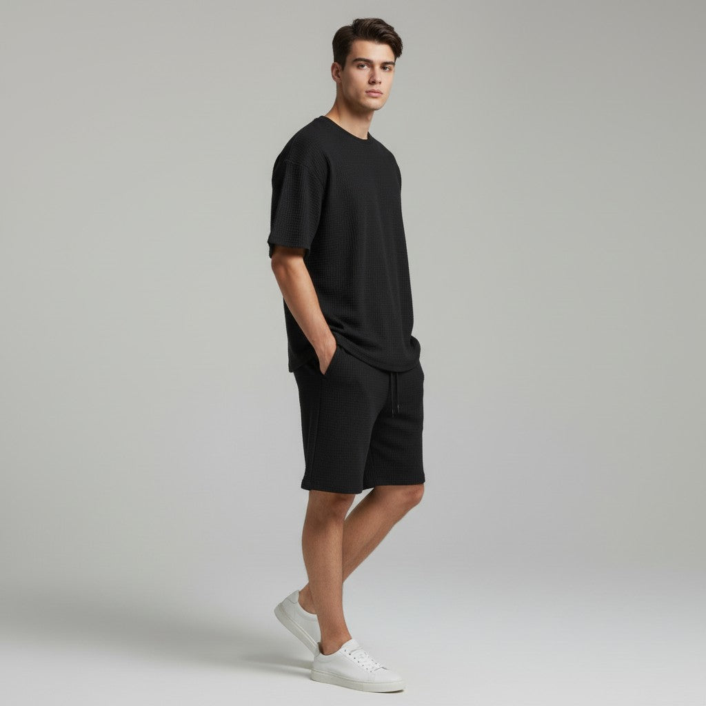 Men’s Textured Short Sleeve Shirt and Shorts Set-Bon Voyage Vintage