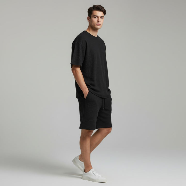 Men’s Textured Short Sleeve Shirt and Shorts Set-Bon Voyage Vintage