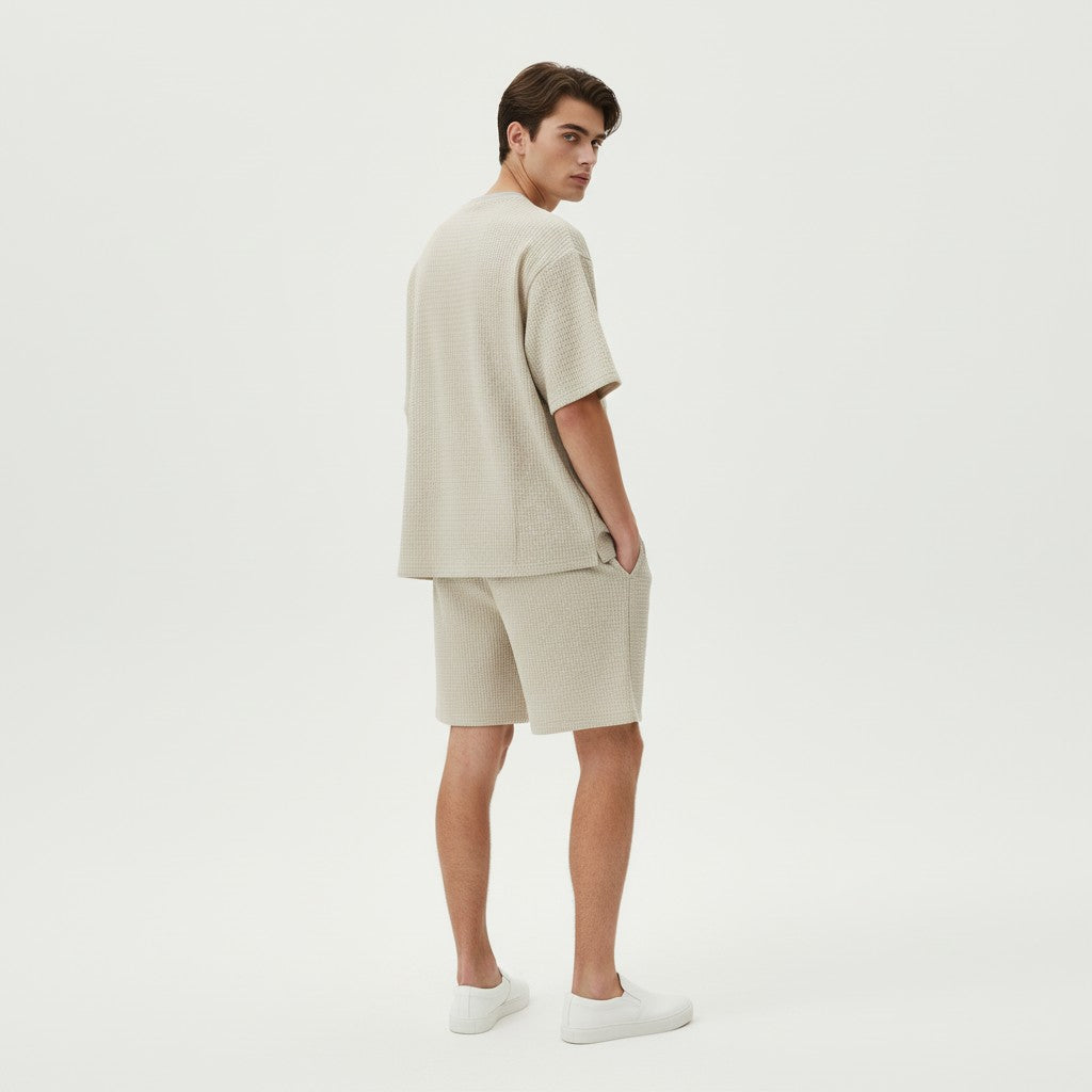 Men’s Textured Short Sleeve Shirt and Shorts Set-Bon Voyage Vintage