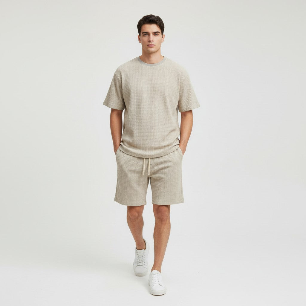 Men’s Textured Short Sleeve Shirt and Shorts Set-Bon Voyage Vintage