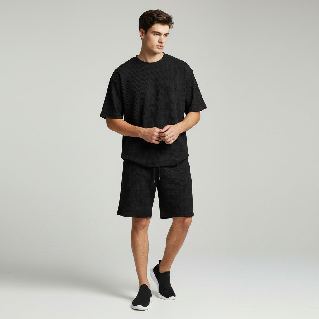 Men’s Textured Short Sleeve Shirt and Shorts Set-Bon Voyage Vintage