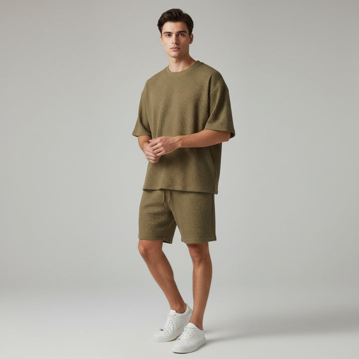 Men’s Textured Short Sleeve Shirt and Shorts Set-Bon Voyage Vintage