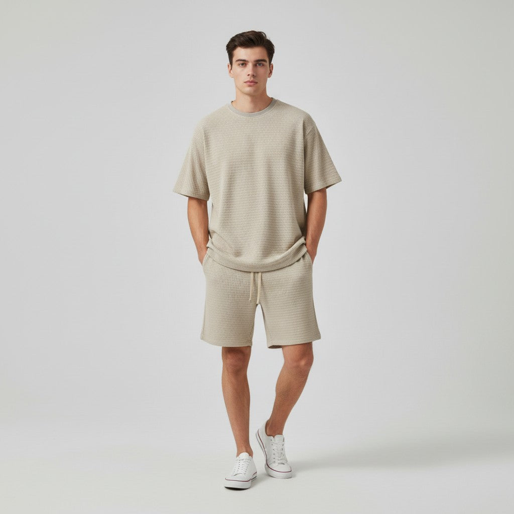 Men’s Textured Short Sleeve Shirt and Shorts Set-Bon Voyage Vintage