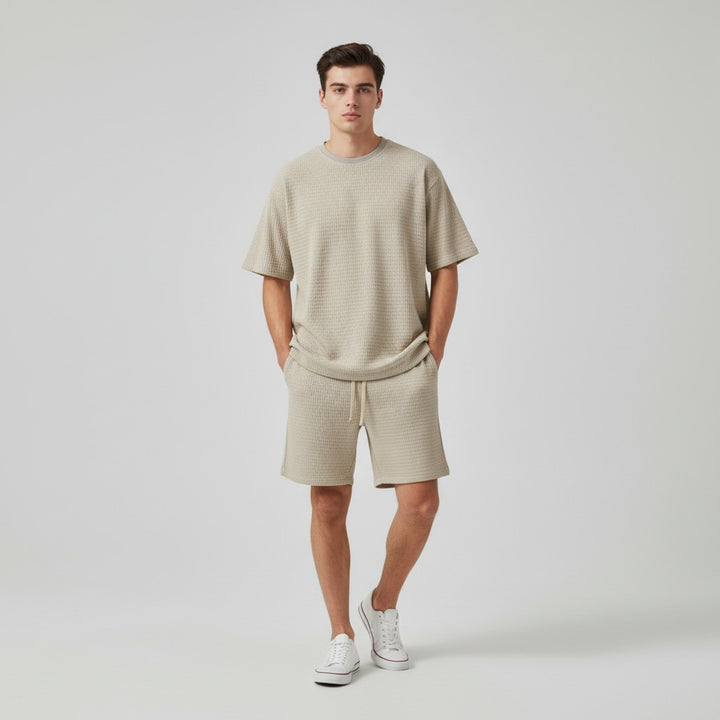 Men’s Textured Short Sleeve Shirt and Shorts Set-Bon Voyage Vintage