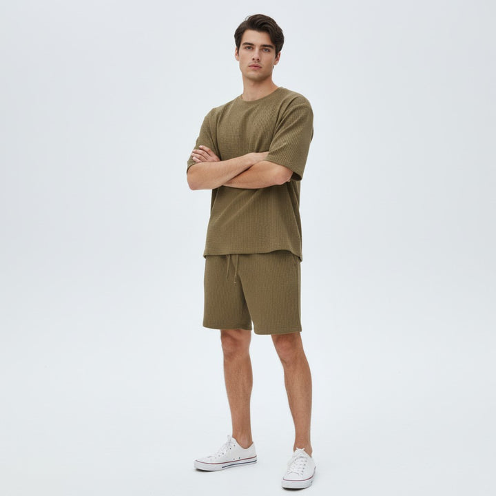Men’s Textured Short Sleeve Shirt and Shorts Set-Bon Voyage Vintage