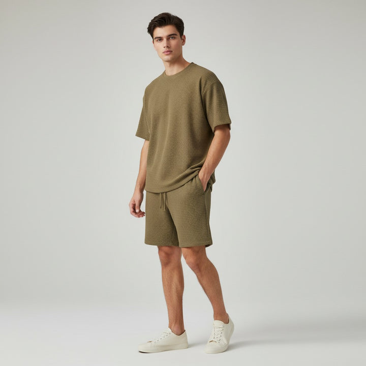 Men’s Textured Short Sleeve Shirt and Shorts Set-Bon Voyage Vintage