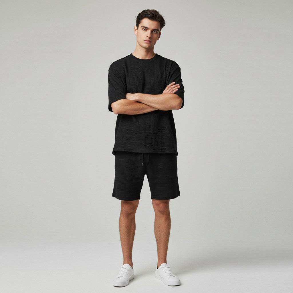 Men’s Textured Short Sleeve Shirt and Shorts Set-Bon Voyage Vintage