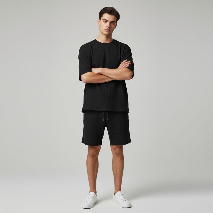 Men’s Textured Short Sleeve Shirt and Shorts Set-Bon Voyage Vintage