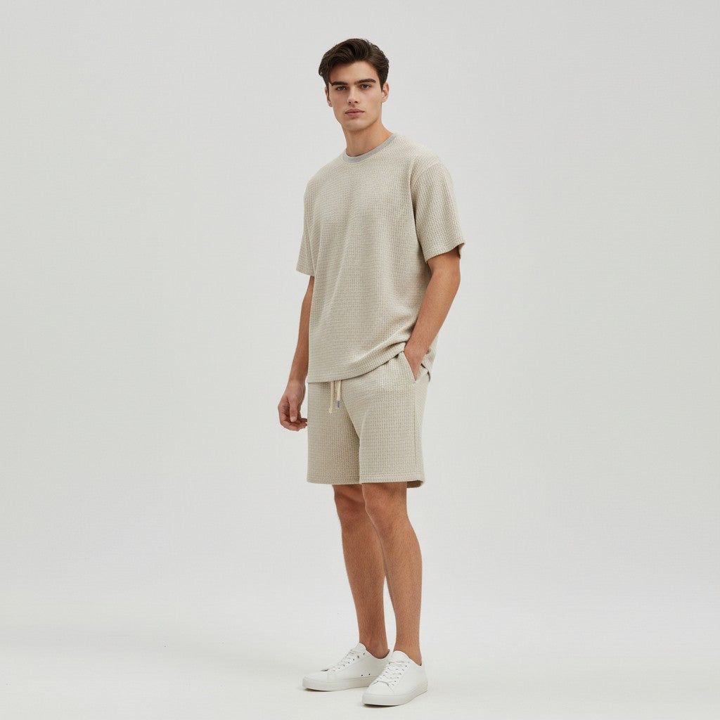 Men’s Textured Short Sleeve Shirt and Shorts Set-Bon Voyage Vintage