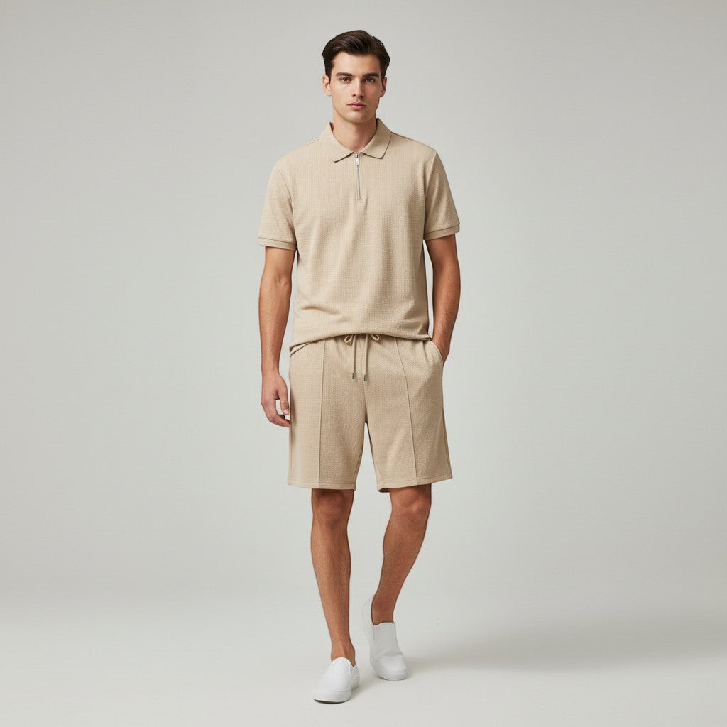 Men’s Waffle Knit Polo Shirt and Shorts Set-Bon Voyage Vintage