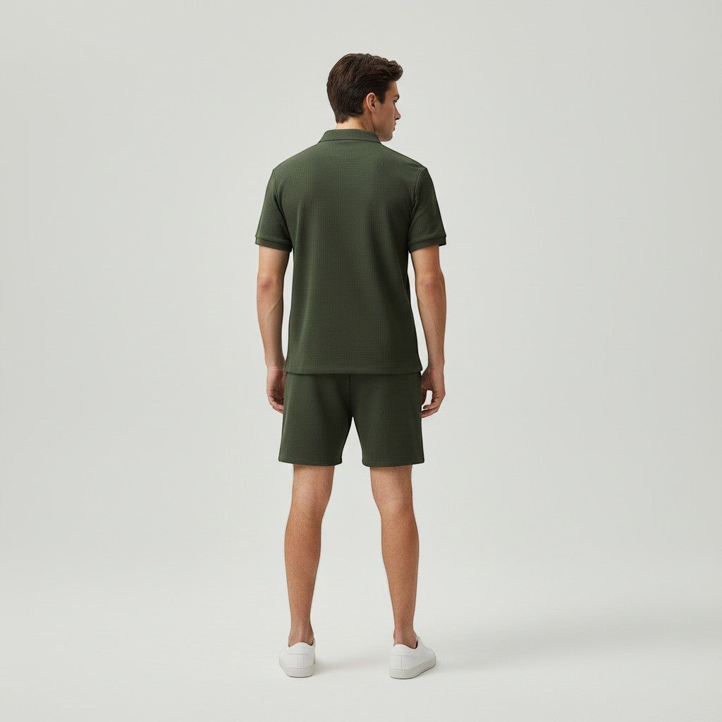 Men’s Waffle Knit Polo Shirt and Shorts Set-Bon Voyage Vintage