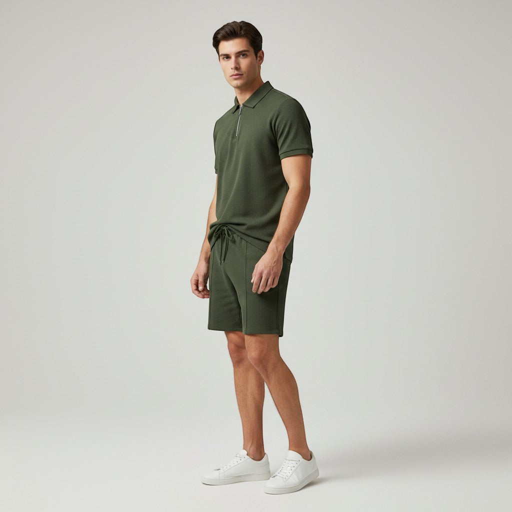 Men’s Waffle Knit Polo Shirt and Shorts Set-Bon Voyage Vintage