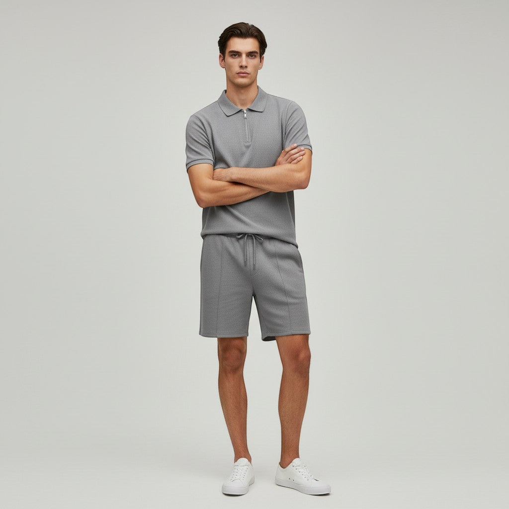 Men’s Waffle Knit Polo Shirt and Shorts Set-Bon Voyage Vintage