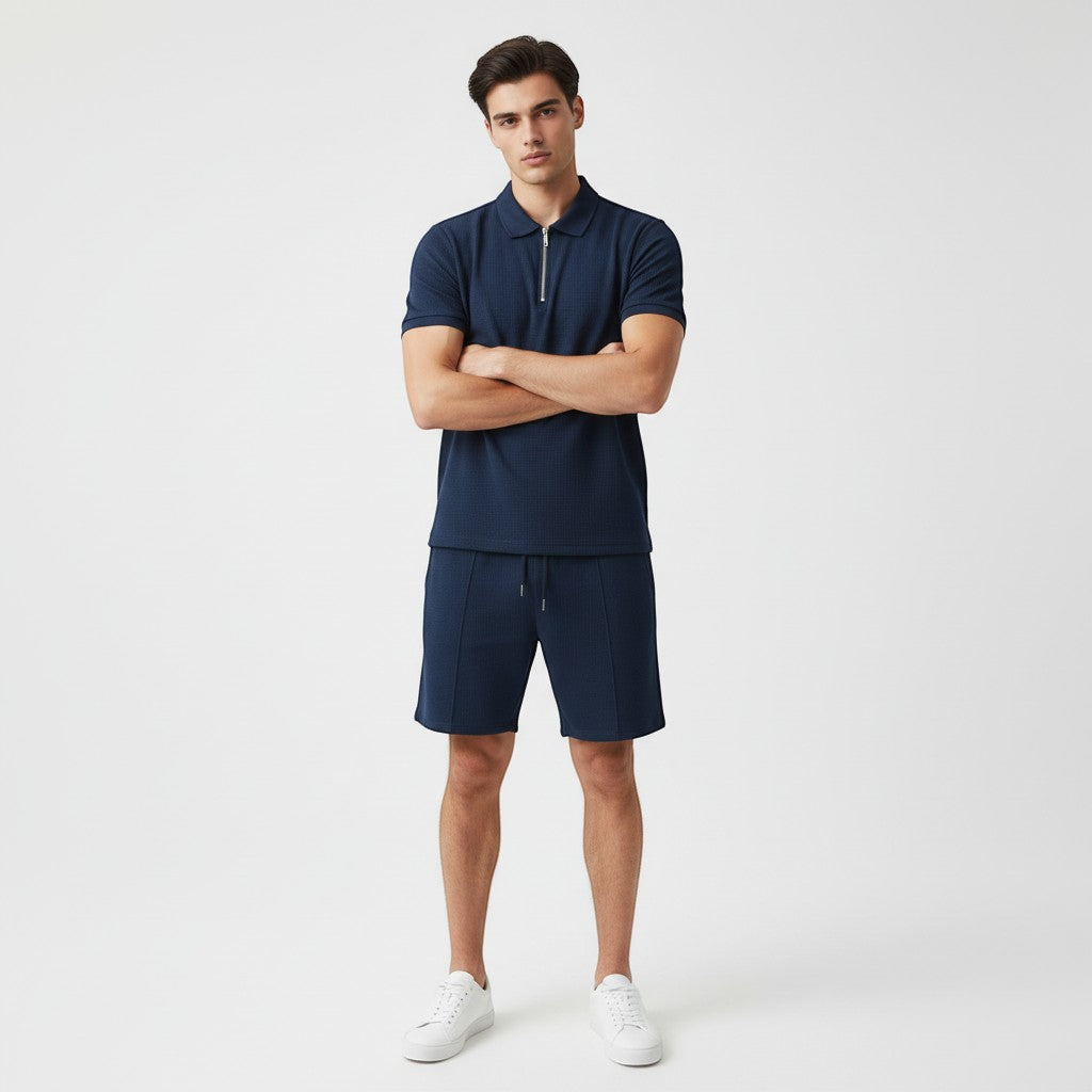 Men’s Waffle Knit Polo Shirt and Shorts Set-Bon Voyage Vintage