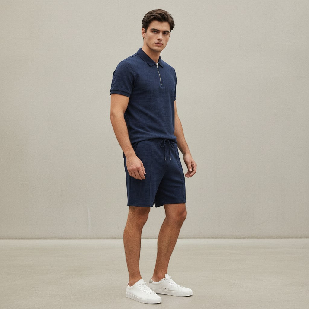 Men’s Waffle Knit Polo Shirt and Shorts Set-Bon Voyage Vintage