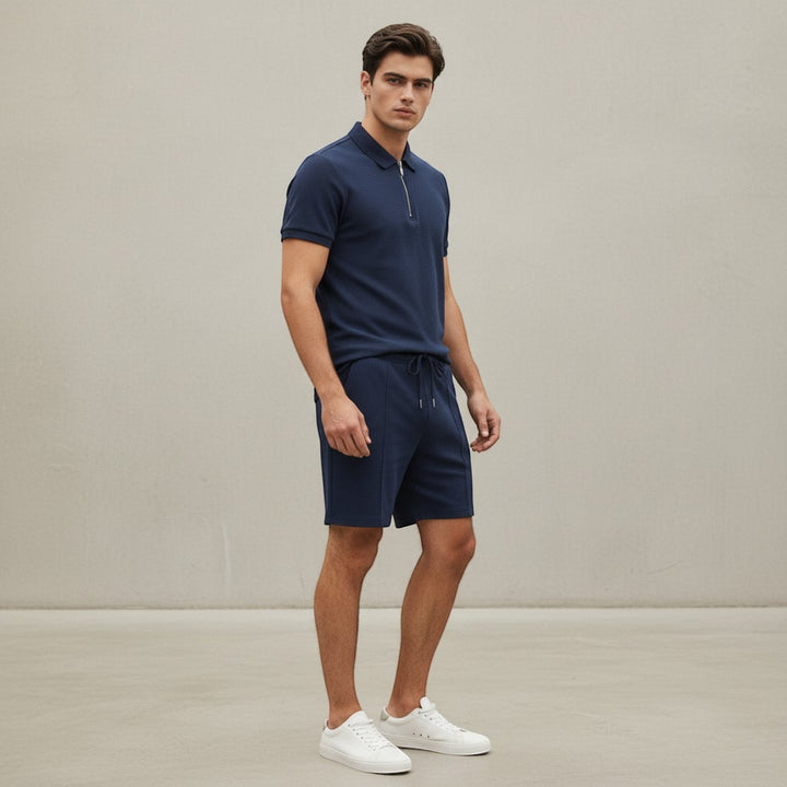 Men’s Waffle Knit Polo Shirt and Shorts Set-Bon Voyage Vintage