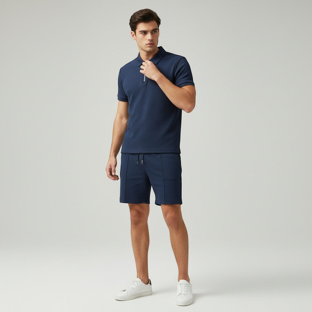 Men’s Waffle Knit Polo Shirt and Shorts Set-Bon Voyage Vintage