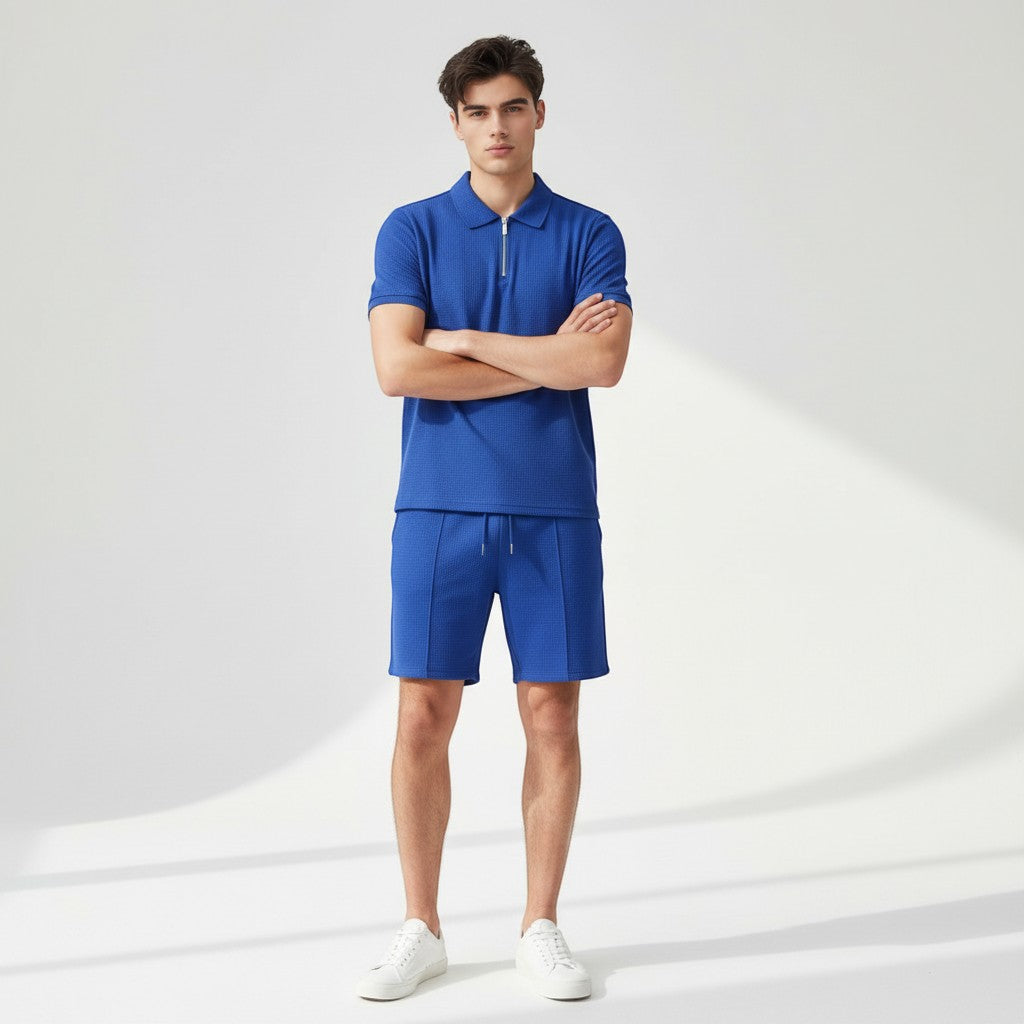 Men’s Waffle Knit Polo Shirt and Shorts Set-Bon Voyage Vintage
