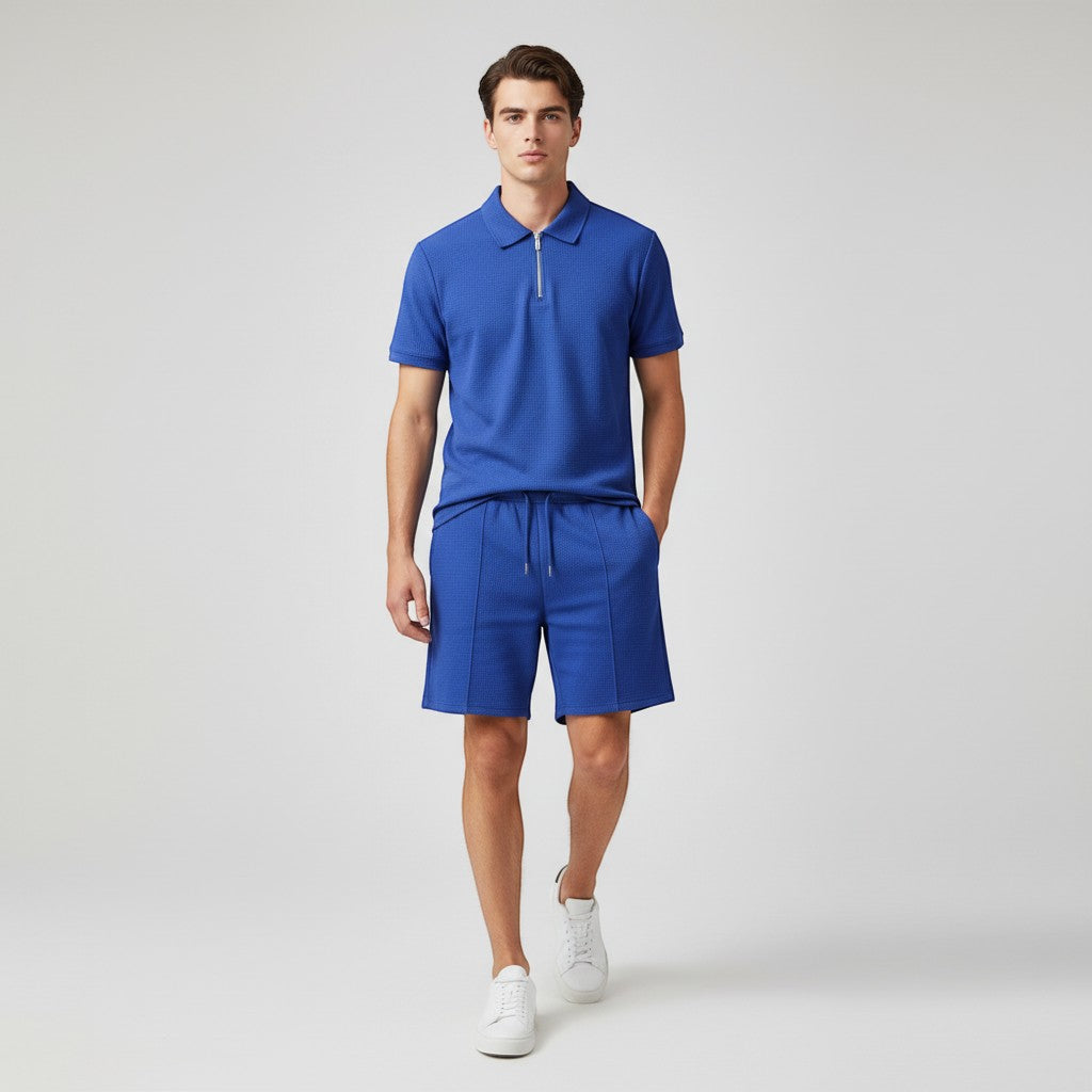 Men’s Waffle Knit Polo Shirt and Shorts Set-Bon Voyage Vintage