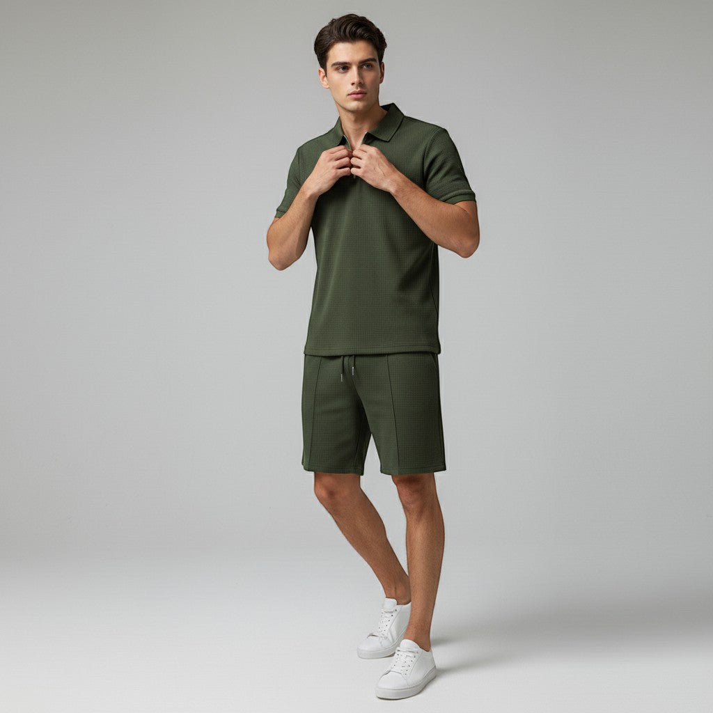 Men’s Waffle Knit Polo Shirt and Shorts Set-Bon Voyage Vintage