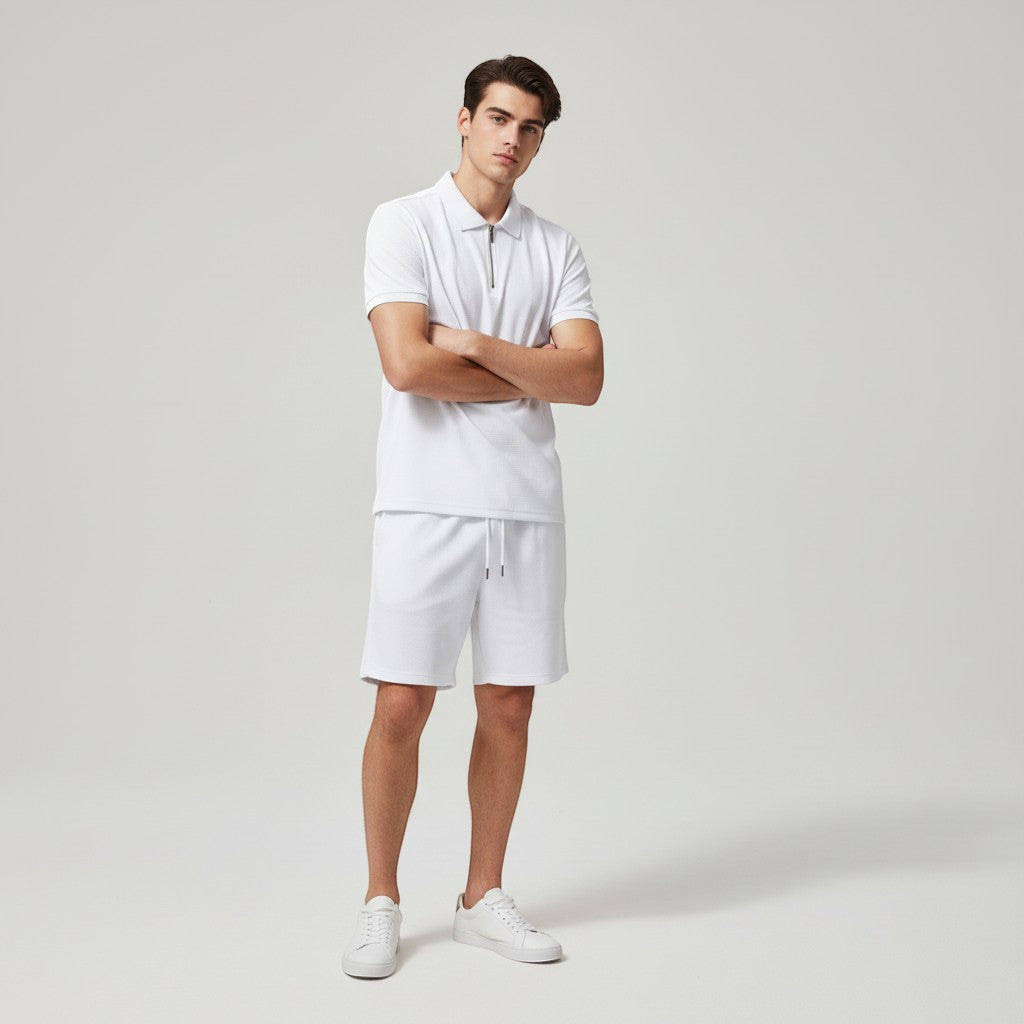 Men’s Waffle Knit Polo Shirt and Shorts Set-Bon Voyage Vintage