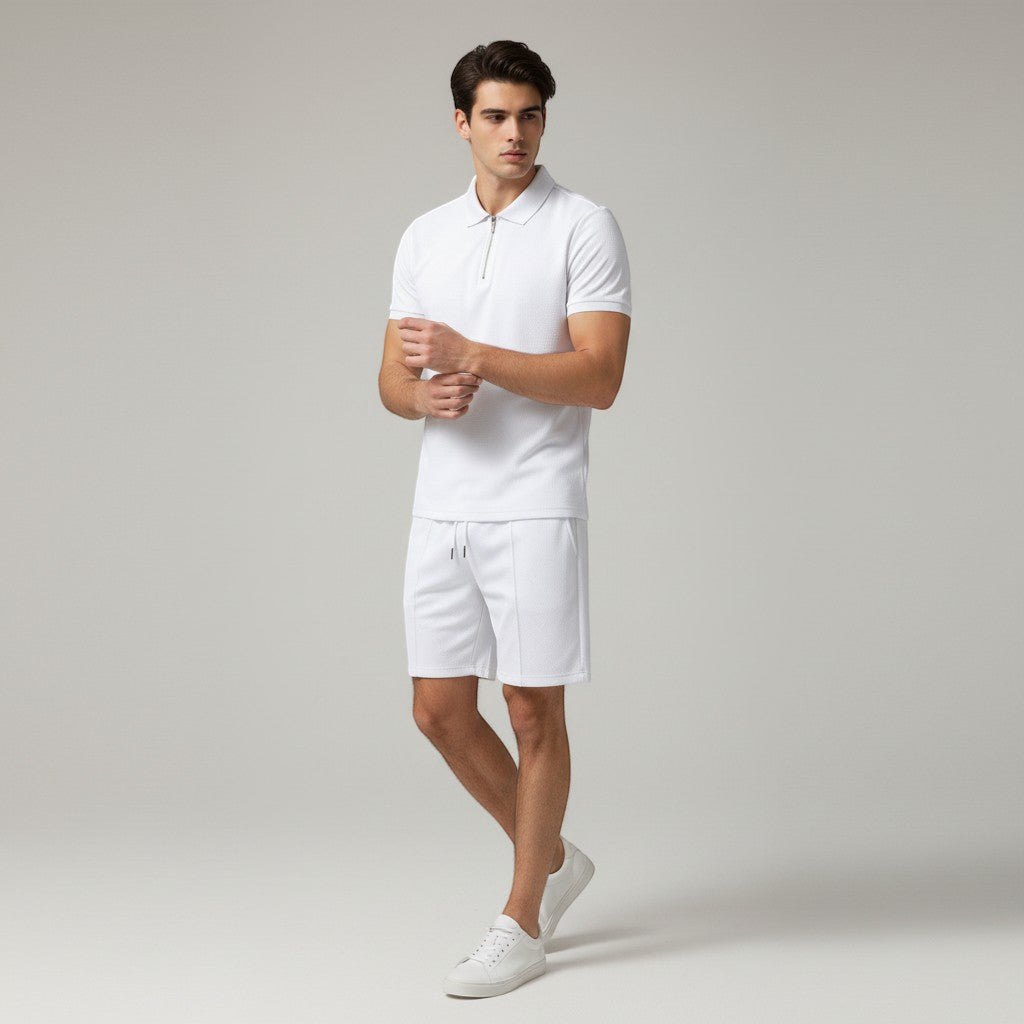 Men’s Waffle Knit Polo Shirt and Shorts Set-Bon Voyage Vintage
